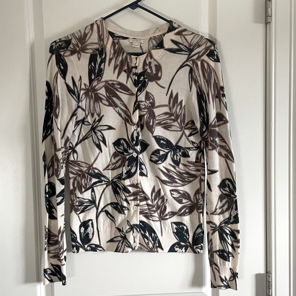 J. Crew Factory Cotton Cardigan in Blue/Beige Floral Print, Size S